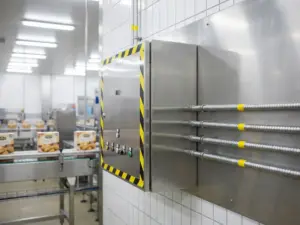 Industrieller Edelstahl-Schaltschrank in einer Lebensmittelproduktionsanlage mit wasserdichten Kabeln und Förderband im Hintergrund.