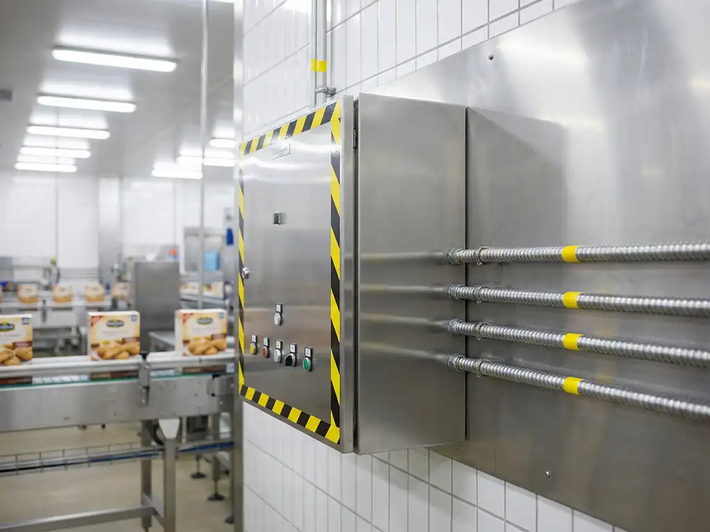 Industrieller Edelstahl-Schaltschrank in einer Lebensmittelproduktionsanlage mit wasserdichten Kabeln und Förderband im Hintergrund.
