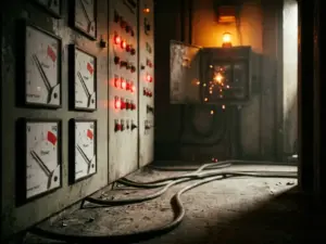 Elektrische Schalttafel mit analogen Leistungsfaktormessgeräten, roten Warnleuchten und Funken aus überlasteter Anschlussdose