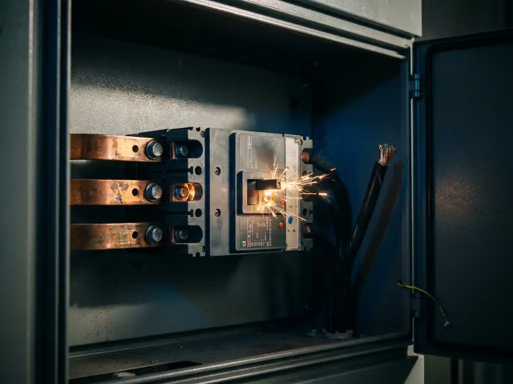 Industrieller Leistungsschalter beim Auslösen in einem Schaltschrank, mit drei Kupferschienen und Lichtbogenfunken.