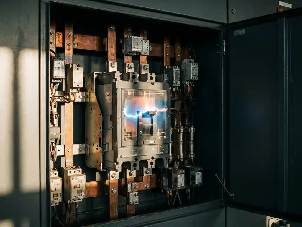 Industrieller Leistungsschalter im offenen Schaltschrank mit sichtbarem Lichtbogen, Kupferschienen und Schutzkomponenten im Vordergrund.