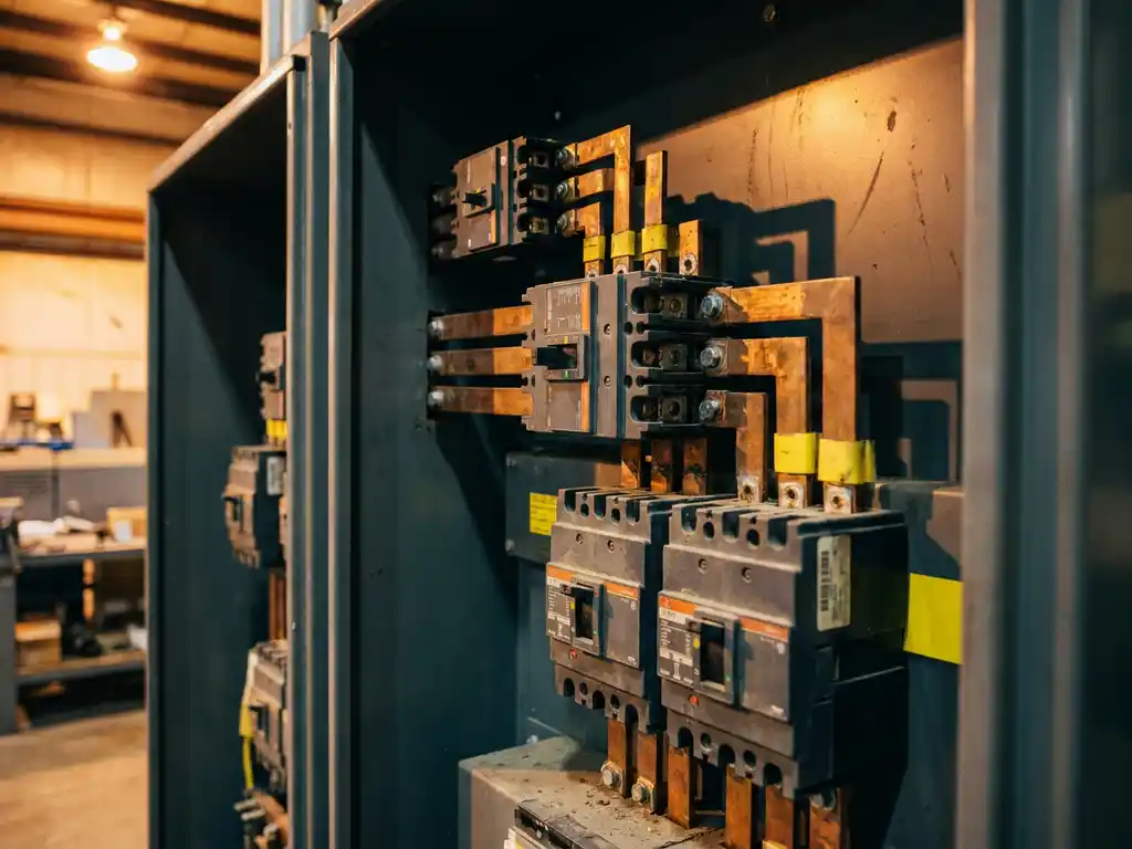 Gestaffelte Industrieschutzschalter in Stahlschaltschrank mit Kupferschienen, von oben nach unten zunehmend größer, warmes Werkstattlicht.