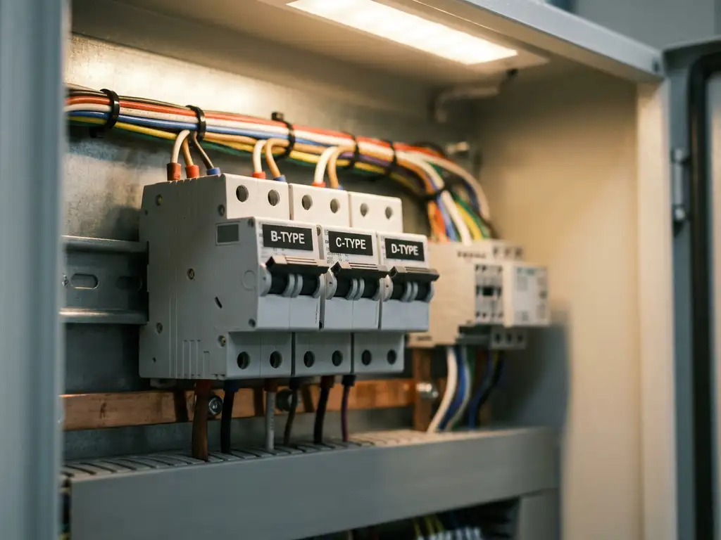 Drei Leitungsschutzschalter Typ B, C und D auf grauer DIN-Schiene in Elektroverteilung mit Kupferschienen