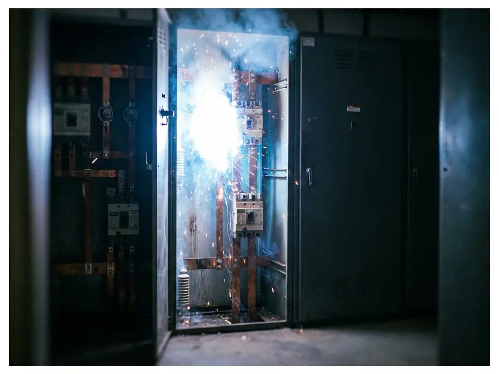Lichtbogen-Explosion in geöffnetem Schaltschrank mit weißblauem Plasma, sichtbaren Kupferschienen und Leistungsschaltern.
