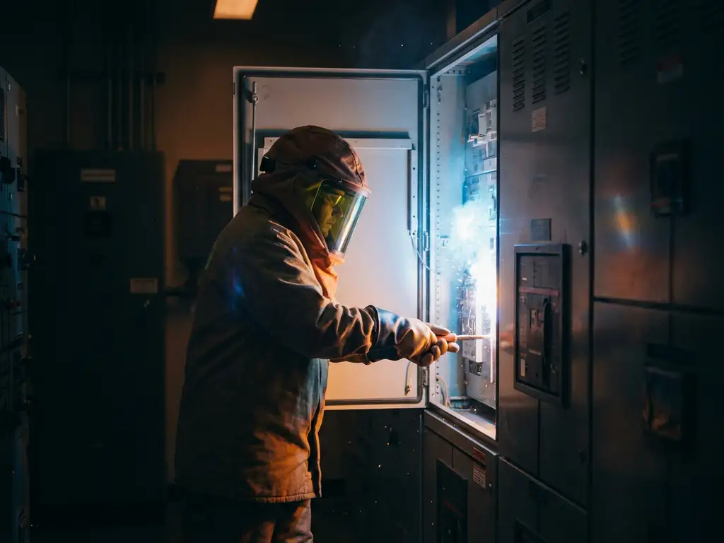 Techniker in Lichtbogenschutzausrüstung arbeitet an geöffnetem Schaltschrank, blaues Lichtbogenlicht erhellt den dunklen Schaltanlagenraum.