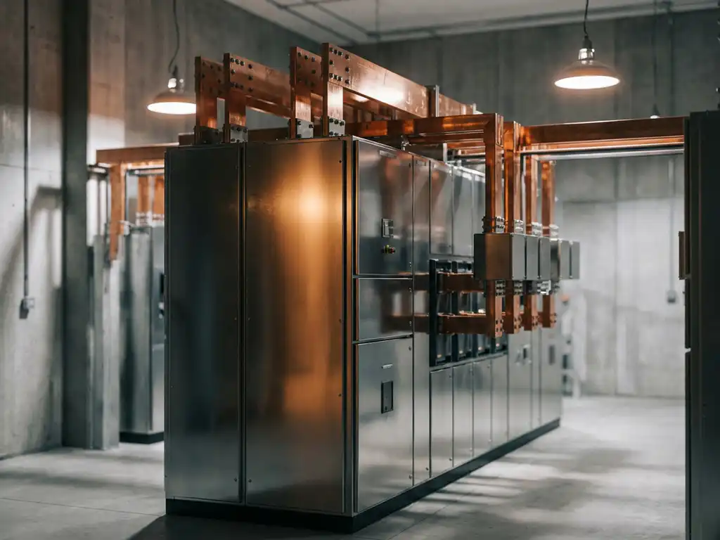Mittelspannungsschaltschrank mit polierten Stahlpanelen und Kupferschienen in einer industriellen Umspannstation mit Betonwänden.