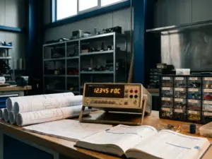 Präzisions-Multimeter mit leuchtender Digitalanzeige auf Werkbank mit Schaltplänen und elektronischen Bauteilen in Sortierboxen
