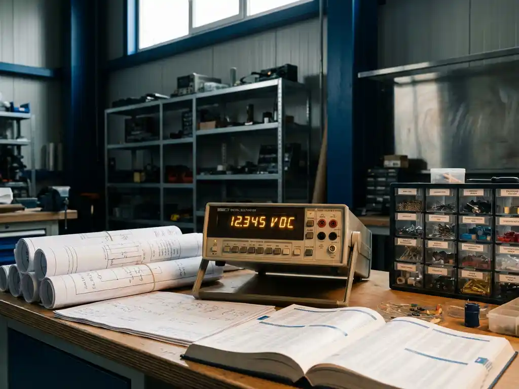 Präzisions-Multimeter mit leuchtender Digitalanzeige auf Werkbank mit Schaltplänen und elektronischen Bauteilen in Sortierboxen