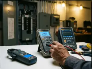 Elektriker-Hände justieren digitales Multimeter mit Spannungsanzeige auf weißer Werkbank, umgeben von Messinstrumenten