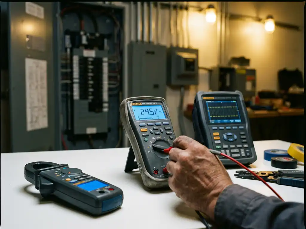 Elektriker-Hände justieren digitales Multimeter mit Spannungsanzeige auf weißer Werkbank, umgeben von Messinstrumenten