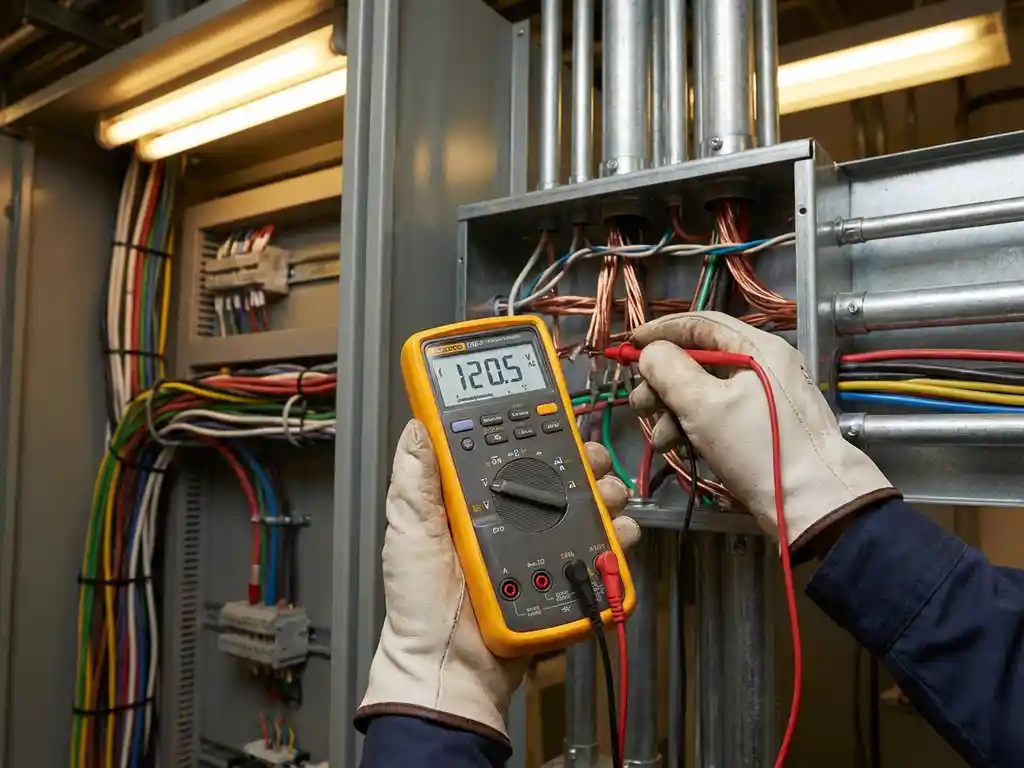 Elektriker testet Kupferdrahtenden mit digitalem Multimeter in Schaltschrank, rote und schwarze Prüfspitzen an Kabeln