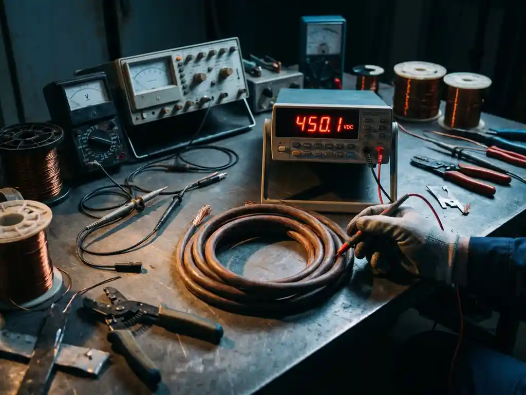 Digitalmultimeter mit roter Anzeige misst Hochspannung an Industriekabel auf Metallwerkbank mit Prüfgeräten