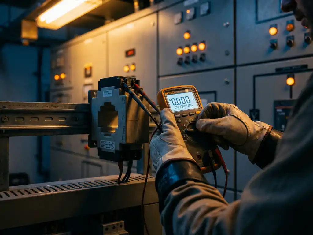 Techniker mit Sicherheitshandschuhen verbindet Präzisionsmultimeter mit industriellem Stromwandler in elektrischer Schaltzentrale