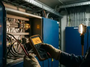 Multimeter mit roten und schwarzen Prüfspitzen misst Widerstand an Kupferleitungen in geöffnetem Schaltschrank