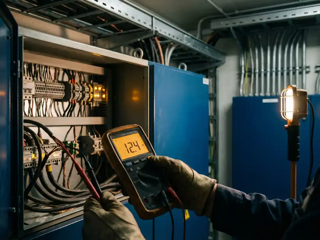 Multimeter mit roten und schwarzen Prüfspitzen misst Widerstand an Kupferleitungen in geöffnetem Schaltschrank