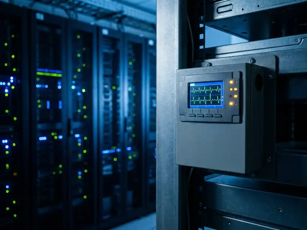 Stromqualitäts-Monitor auf Stahlpanel vor beleuchteten Server-Racks im Rechenzentrum mit Wellenform-Anzeige.