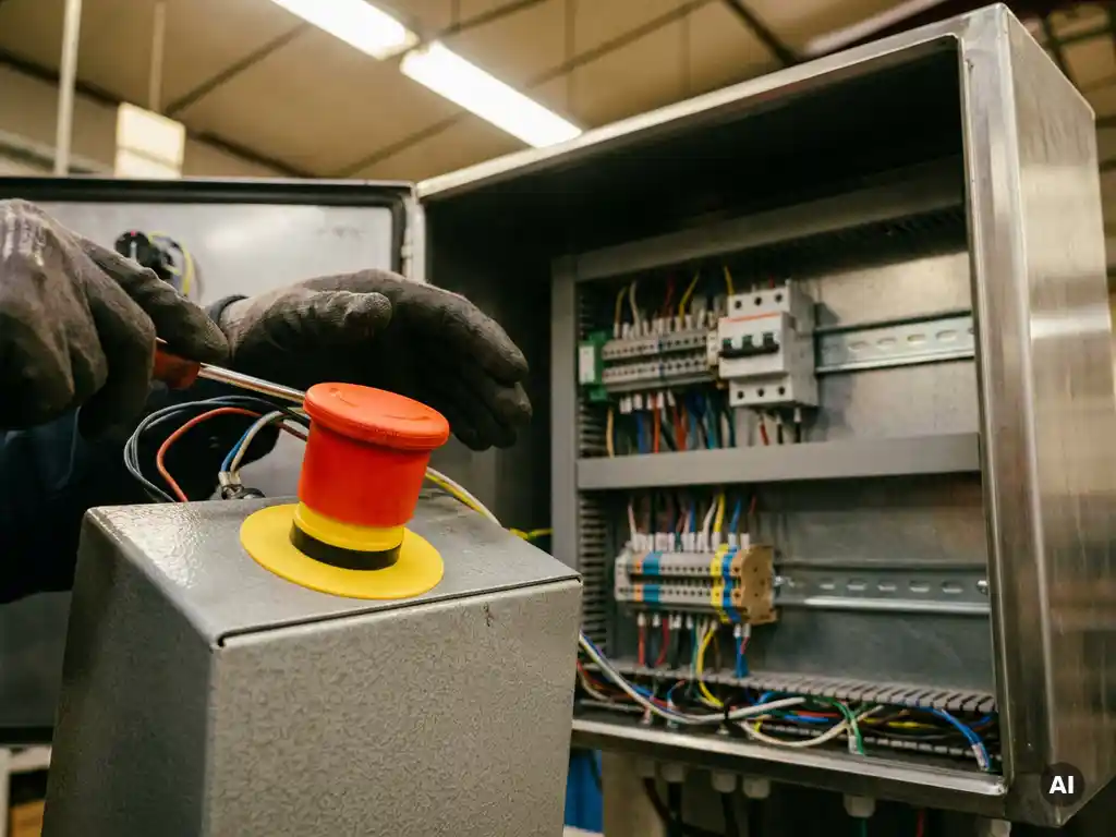 Roter Not-Aus-Pilzdrucktaster auf grauem Industrieschaltschrank, Techniker in Schutzhandschuhen bei der Montage, Kabelbaum und DIN-Schiene sichtbar.