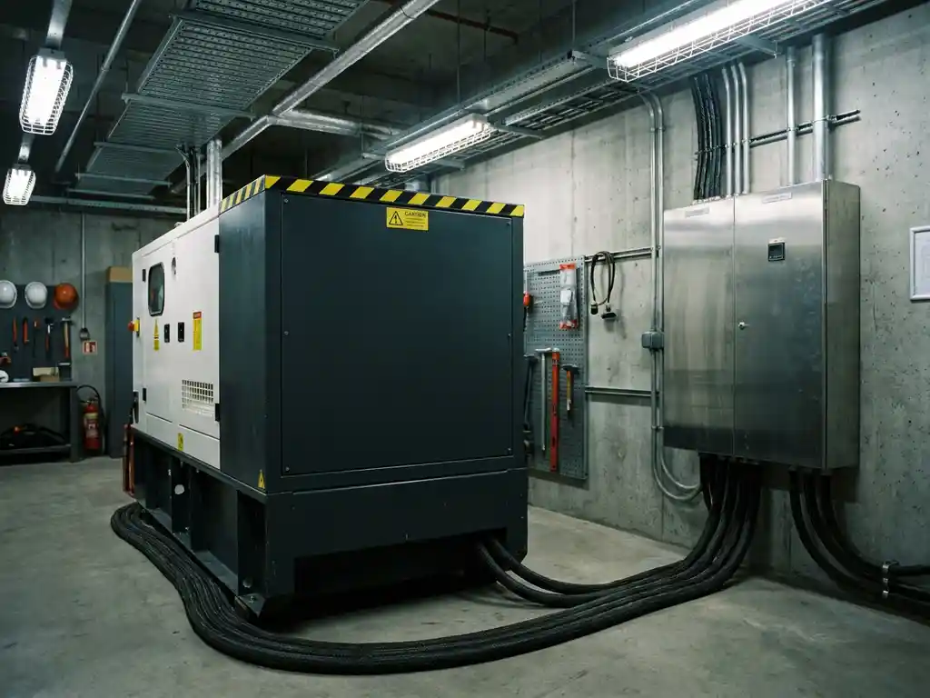 Industrieller Notstromgenerator im Technikraum eines Krankenhauses mit Hochleistungskabeln und Stahlverteilerkasten an Betonwand.