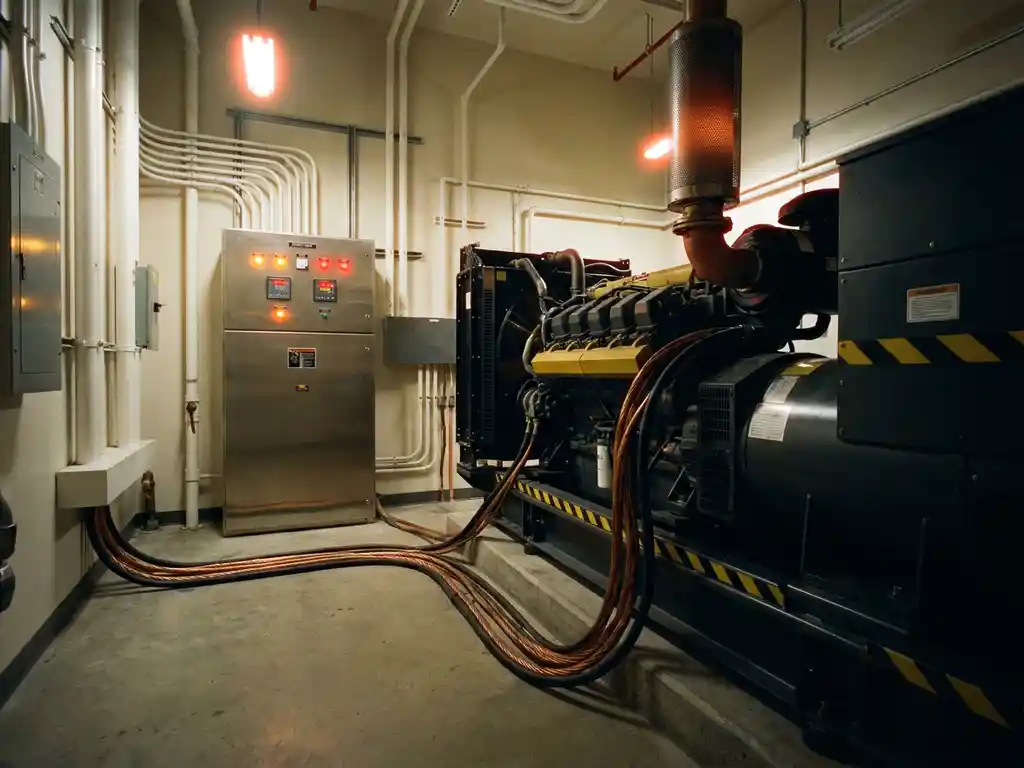 Industrieller Dieselgenerator im Elektroraum eines Krankenhauses mit Kupferkabeln, Schaltanlage und roten Notlichtern.