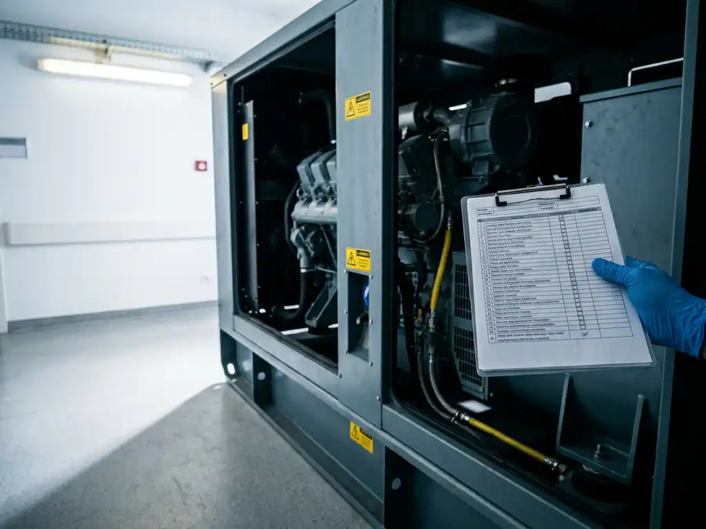 Techniker mit Wartungs-Checkliste neben einem Notstromaggregat im Krankenhausflur mit Notbeleuchtung.