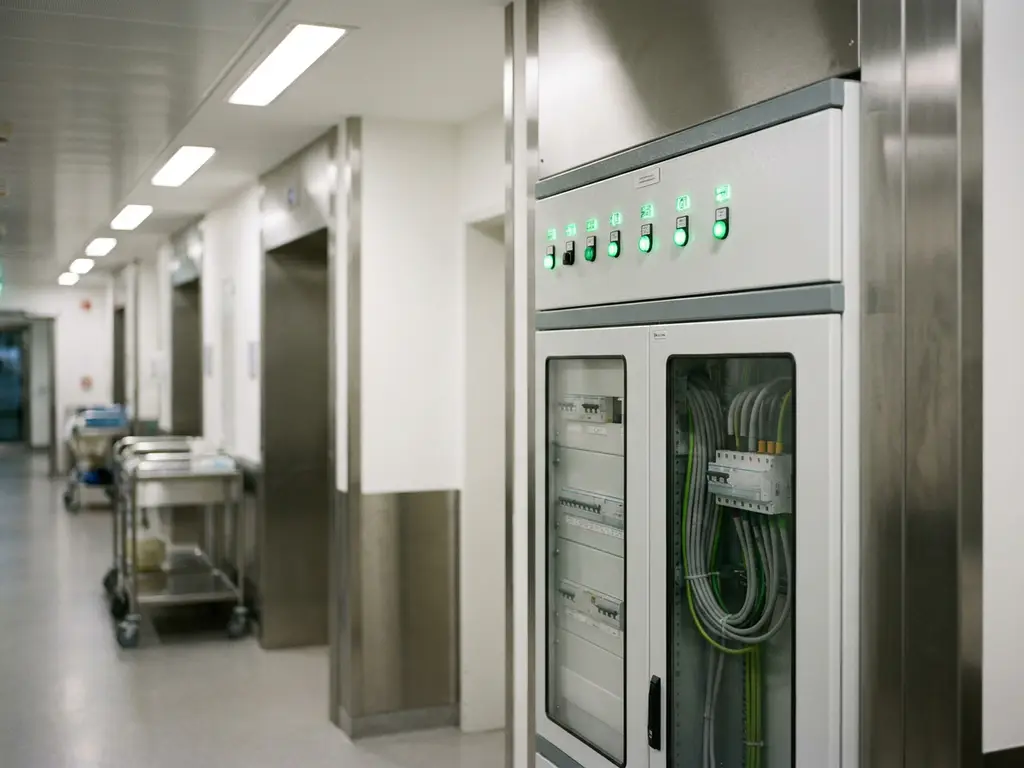 Elektrischer Schaltschrank mit grünen Notstromanzeigen im Krankenhausflur, medizinische Stromverteilung mit präziser Kabelführung.