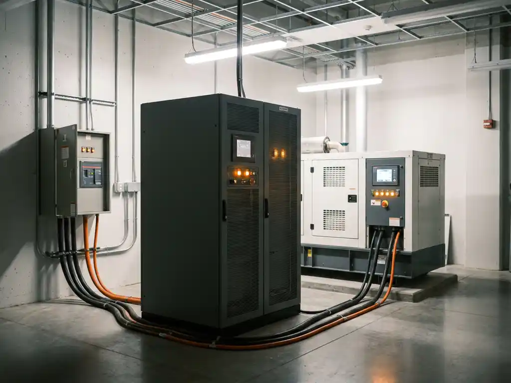 Industrielle USV-Anlage und Dieselgenerator in einem Krankenhaus-Technikraum, verbunden durch dicke Stromkabel.