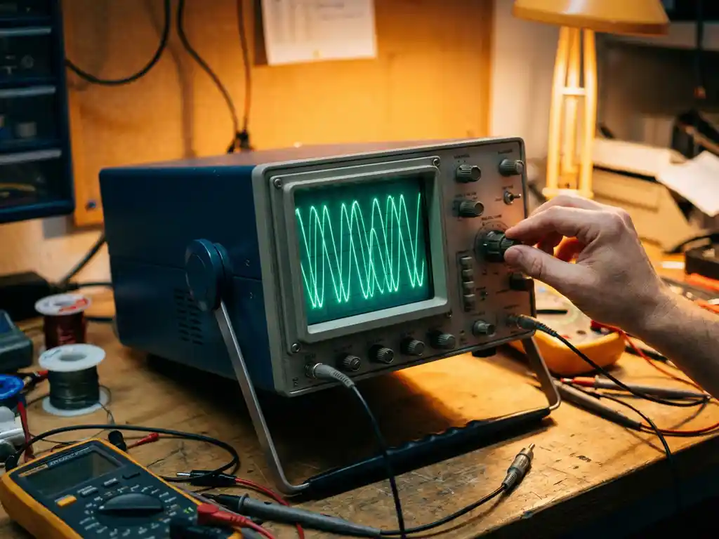 Oszilloskop zeigt überlappende Sinuswellen mit harmonischen Verzerrungsmustern auf grünem Phosphorschirm