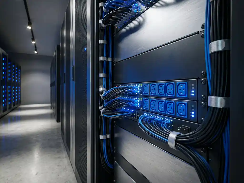 Rack-montierte PDU mit leuchtenden Steckdosen und organisierten Kabelbündeln in einem professionellen Rechenzentrum.