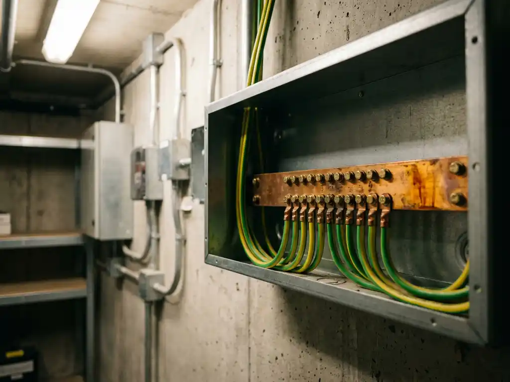 Kupfer-Potenzialausgleichsschiene in Verteilerschrank mit grün-gelben Schutzleitern, Betonwand im Hintergrund.
