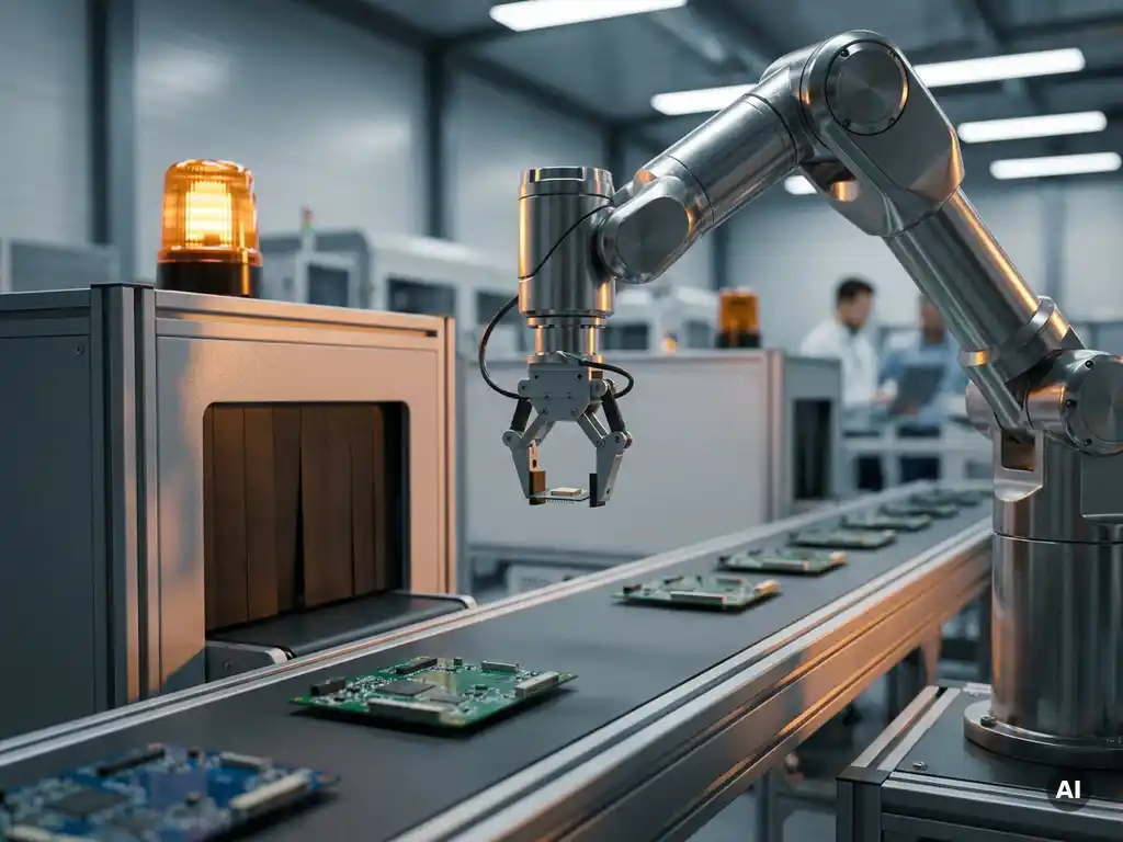 Präziser Pick-and-Place-Roboterarm greift Elektronikbauteil über Förderband mit Leiterplatten in moderner Fertigungslinie.