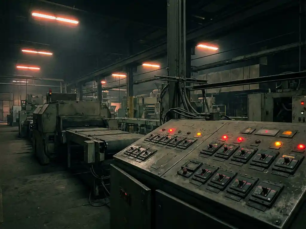 Ausgelöste Sicherungsschalter an einem Industrieschaltschrank mit Warnleuchten, stillgelegte Produktionslinie im Notlicht einer dunklen Fabrikhalle.