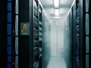 Schwarze Serverracks in einem Rechenzentrum-Korridor mit leuchtendem Energiemonitor-Panel und präzisem Kabelmanagement in Blau und Silber.