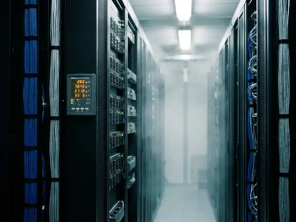 Schwarze Serverracks in einem Rechenzentrum-Korridor mit leuchtendem Energiemonitor-Panel und präzisem Kabelmanagement in Blau und Silber.