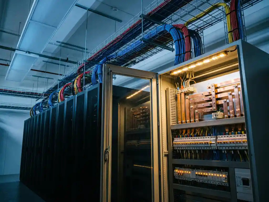 Dichte Serverracks im Rechenzentrum mit farbcodierten Kabeln in Kabelkanälen und geöffnetem Stromverteiler mit Sammelschienen.