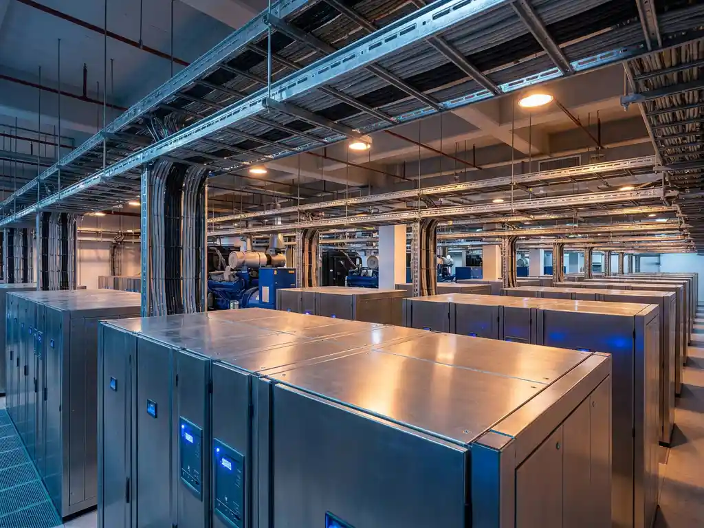 Rechenzentrum mit parallelen Stromverteilungsschränken, organisierten Kabeltrassen und Notstromsystemen in Blau- und Stahltönen.
