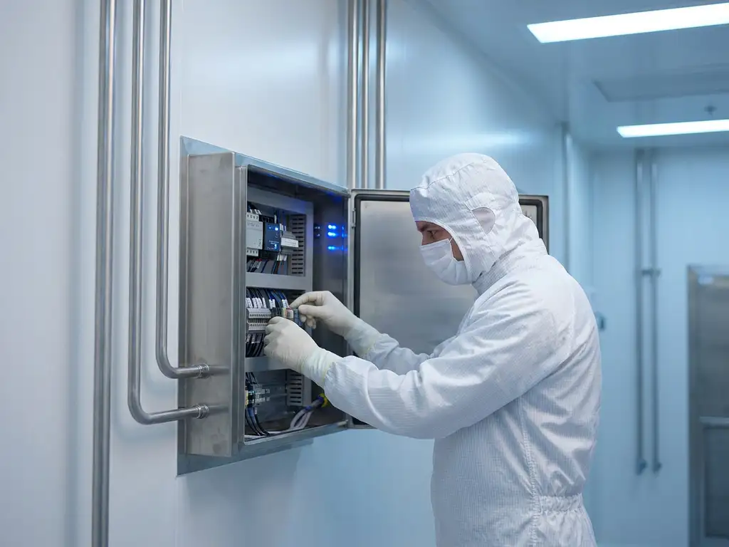 Techniker im Reinraumanzug prüft Kabelverbindungen an einem Edelstahlschaltschrank in weißer Reinraumwand.