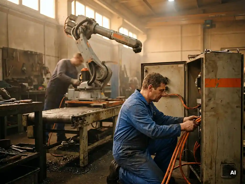 Techniker in blauer Arbeitskleidung schließt orangefarbene Kabel an Steuerschrank an, daneben Industrieroboterarm auf Produktionslinie montiert.