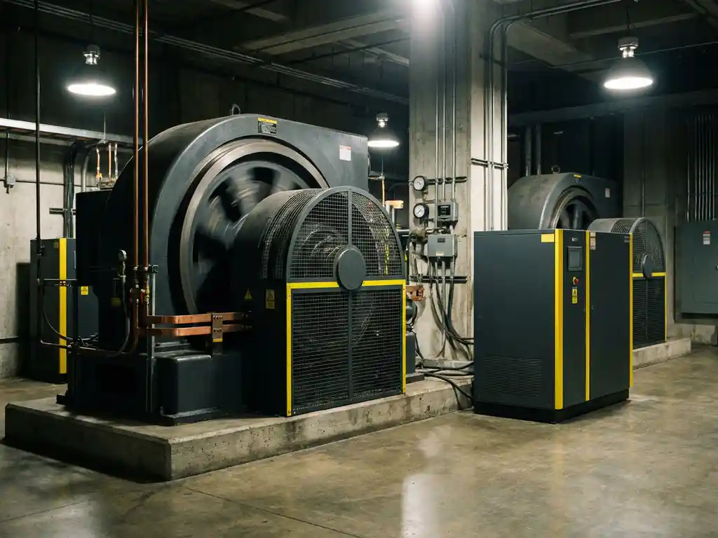 Rotative USV-Anlage mit Schwungrad neben kompaktem statischen USV-Schrank in einem Industrieraum mit Kupferschienen.