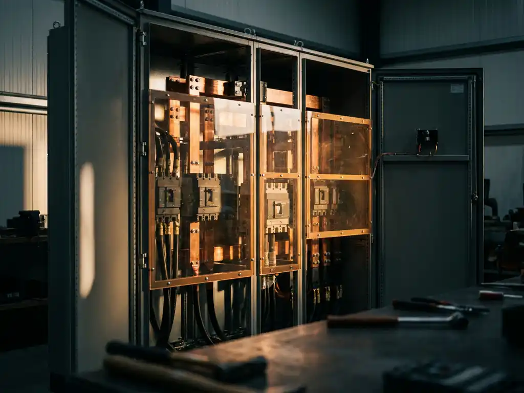 Schwere Schaltanlage mit Kupferschienen und Lichtbogenschutzabschirmung in industrieller Werkstatt.