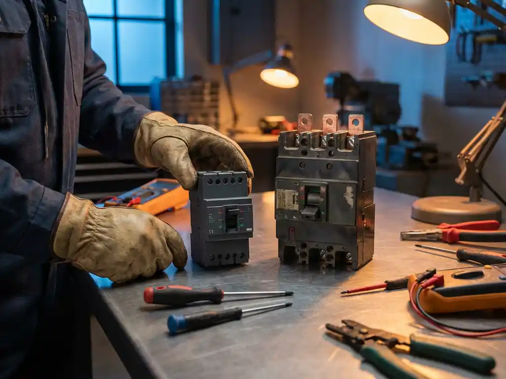 Elektriker-Hände untersuchen modernen Trennschalter und robusten Leistungsschalter auf Industriearbeitsplatz mit Präzisionswerkzeugen