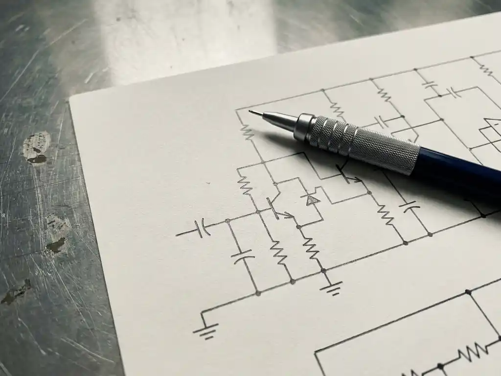 Elektrisches Schaltplan-Diagramm auf weißem Zeichenpapier mit Bleistift, Schaltzeichen in Graphitgrau und Marineblau auf Stahltisch.