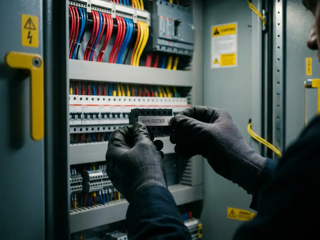 Techniker befestigt graviertes Etikett an Klemmblock in Schaltschrank mit farbcodierten Kabeln und Leistungsschaltern im Hintergrund.