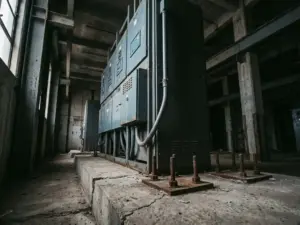 Industrieller Schaltschrank auf verstärkter Betonplatte mit sichtbaren Stahlankern und Montageschrauben, Aufnahme aus dramatischer Untersicht.