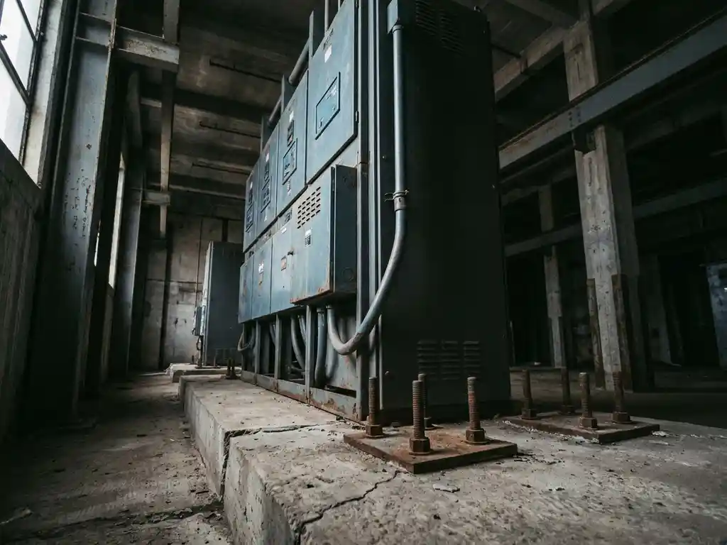 Industrieller Schaltschrank auf verstärkter Betonplatte mit sichtbaren Stahlankern und Montageschrauben, Aufnahme aus dramatischer Untersicht.