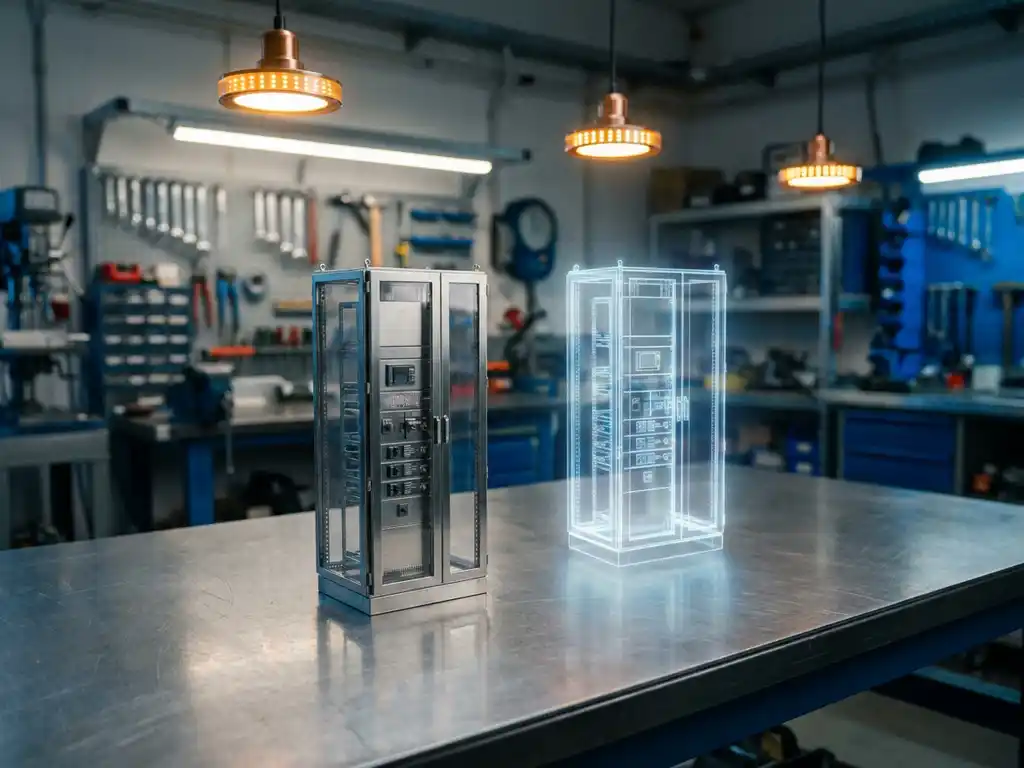 Miniatur-Schaltschrank auf Stahlwerkbank neben leuchtendem digitalem Zwilling in Blautönen, industrielle Werkstattumgebung.