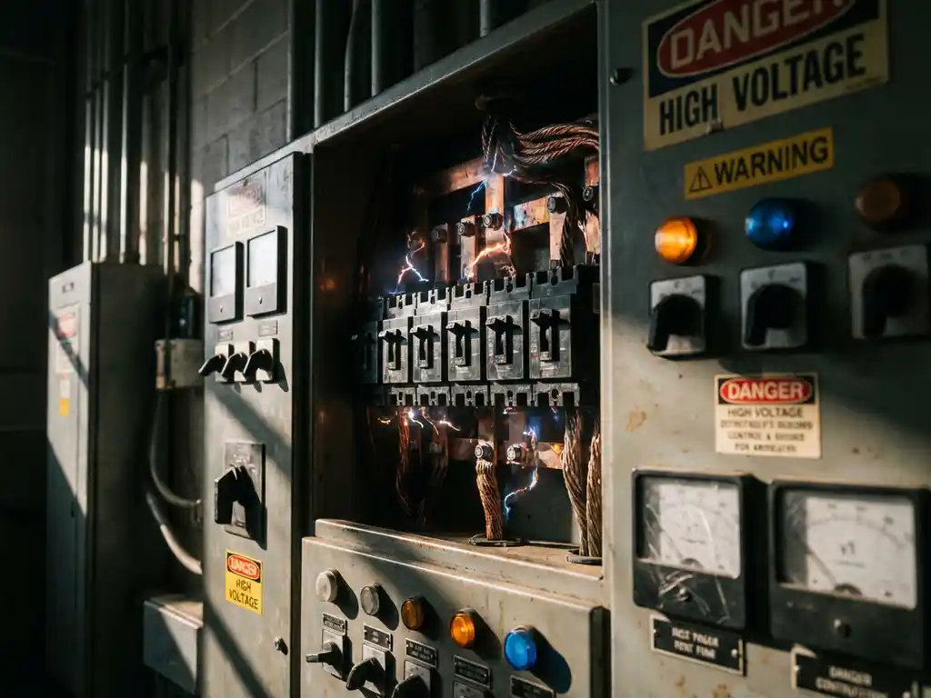 Elektrische Schalttafel mit Leistungsschaltern, Kupferleitern und Spannungsbögen in industrieller Umgebung