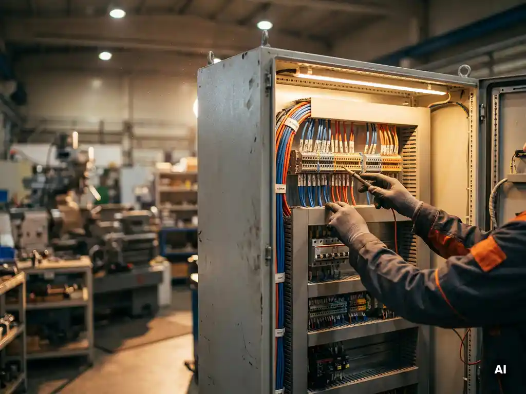 Techniker prüft geöffneten Schaltschrank mit Klemmleisten, Schutzschaltern und beschrifteten Kabelbündeln in Industriehalle.