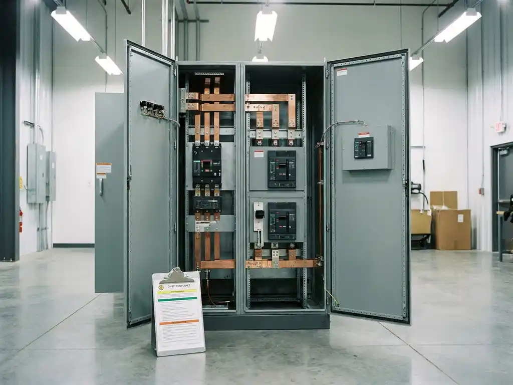 Geöffneter Industrieschaltschrank mit Kupferschienen und Leistungsschaltern, Sicherheitsdokument auf Klemmbrett, fluoreszierendes Deckenlicht.