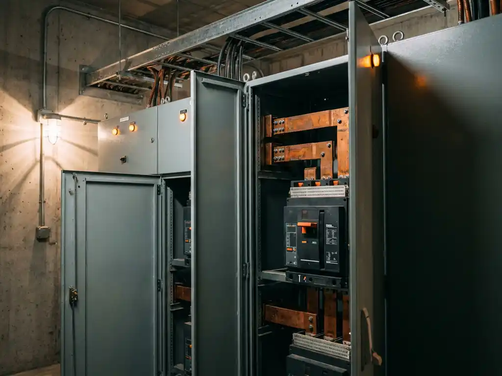 Schaltschrank mit Kupferschienen und Leistungsschaltern in einem Kraftwerk-Hilfsversorgungsraum, bernsteinfarbene Kontrollleuchten an stahlgrauen Tafeln.