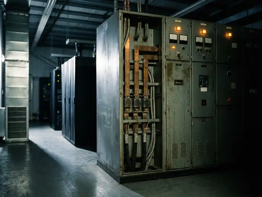 Industrielle Schaltschrankanlage mit Kupferschienen und Kabelführungen in einem dunklen Rechenzentrum, Serverreihen im Hintergrund.